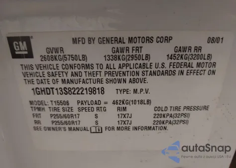 2002 Oldsmobile Bravada из США, поврежденный, VIN 1GHDT13S822219818